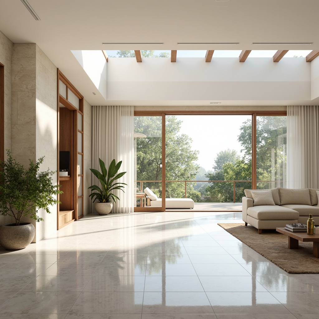 Prompt: Bright interior ambiance, large windows, sliding glass doors, minimal window frames, reflective flooring, polished marble surfaces, high ceilings, white walls, sheer curtains, clerestory windows, skylights, open floor plans, minimalist decor, greenery, potted plants, natural materials, wood accents, warm color palette, soft diffuse lighting, 1/1 composition, shallow depth of field, realistic textures, ambient occlusion.