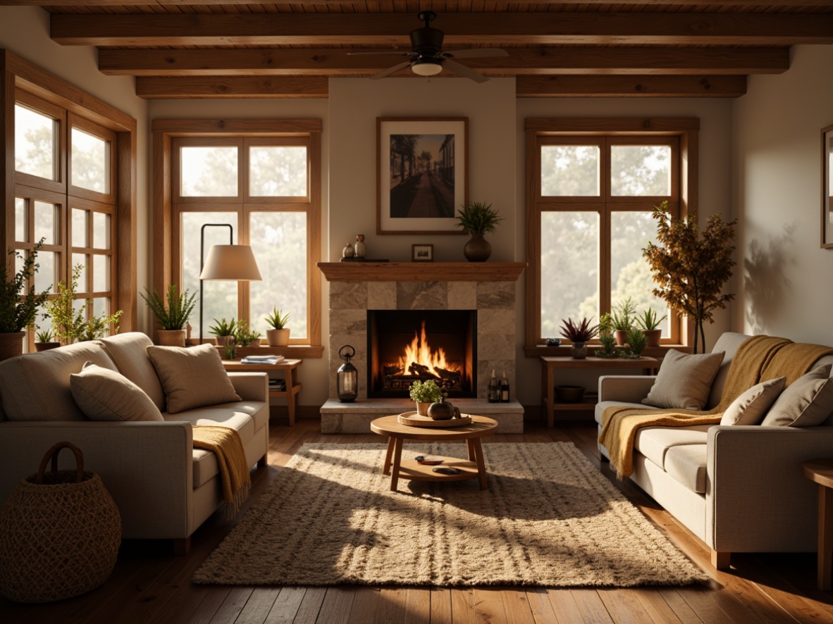 Prompt: Cozy living room, plush throw blankets, soft velvety sofas, warm beige walls, rich walnut wood flooring, crackling fireplace, comfortable pillows, gentle ambient lighting, woven baskets, natural fiber rugs, earthy tone colors, inviting atmosphere, 3/4 composition, shallow depth of field, realistic textures, warm golden light.