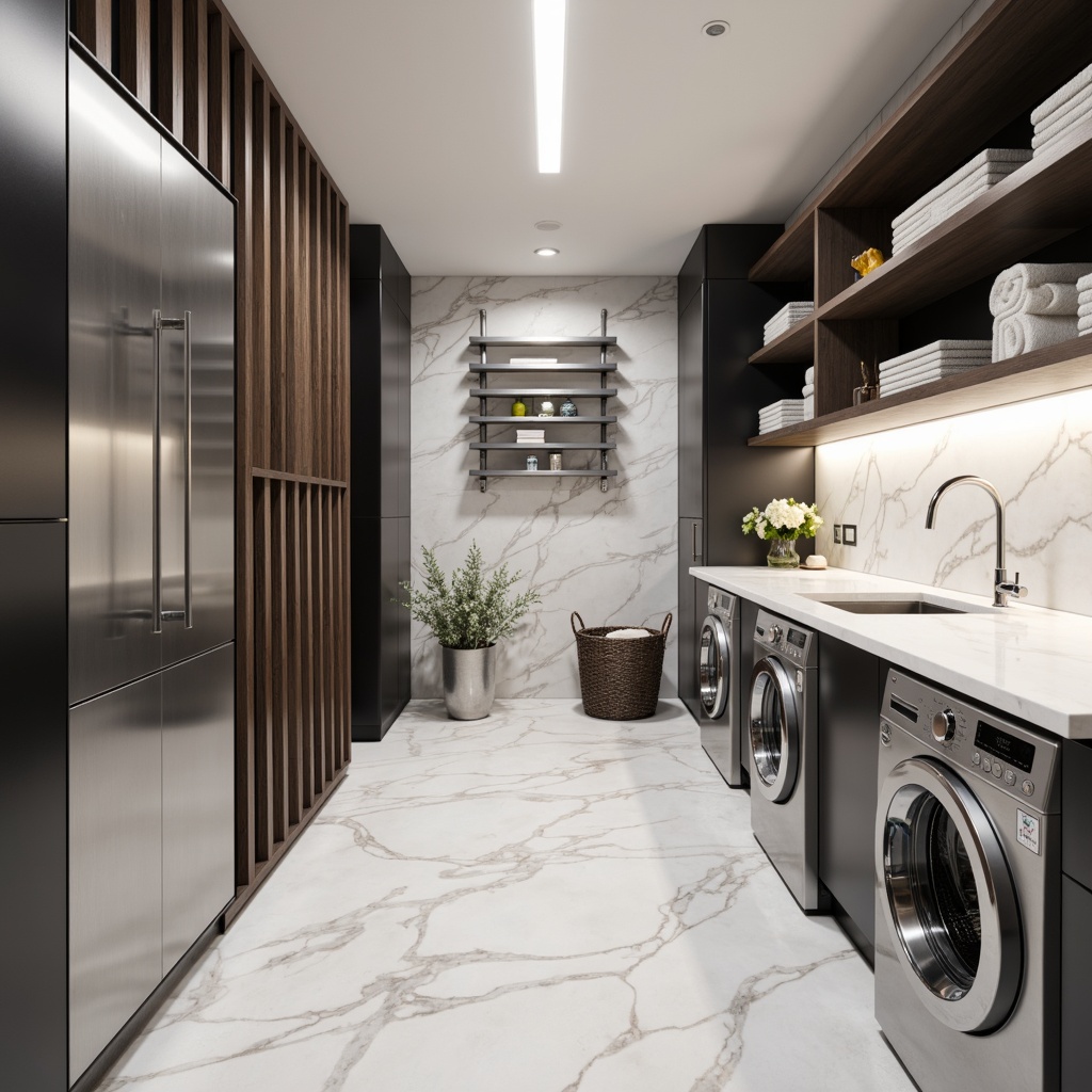 Prompt: Modern laundry room, sleek appliances, stainless steel finishes, LED lighting, minimalist design, floor-to-ceiling cabinets, white marble countertops, chrome fixtures, high-gloss flooring, geometric patterns, bold color accents, wall-mounted drying racks, state-of-the-art washing machines, advanced drying technologies, smart home integration, touchless faucets, ambient soft lighting, 1/1 composition, shallow depth of field, realistic textures, atmospheric rendering.