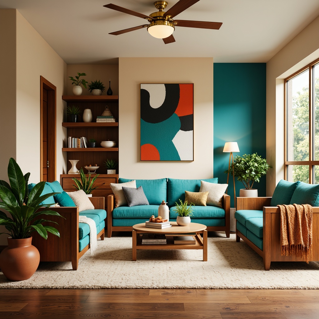 Prompt: Vibrant living room, warm beige walls, rich walnut furniture, bold turquoise accents, soft cream textures, natural fiber rugs, earthy terracotta planters, lush greenery, golden lighting fixtures, cozy throw blankets, eclectic decorative objects, abstract artwork, 3/4 composition, shallow depth of field, panoramic view, realistic textures, ambient occlusion.