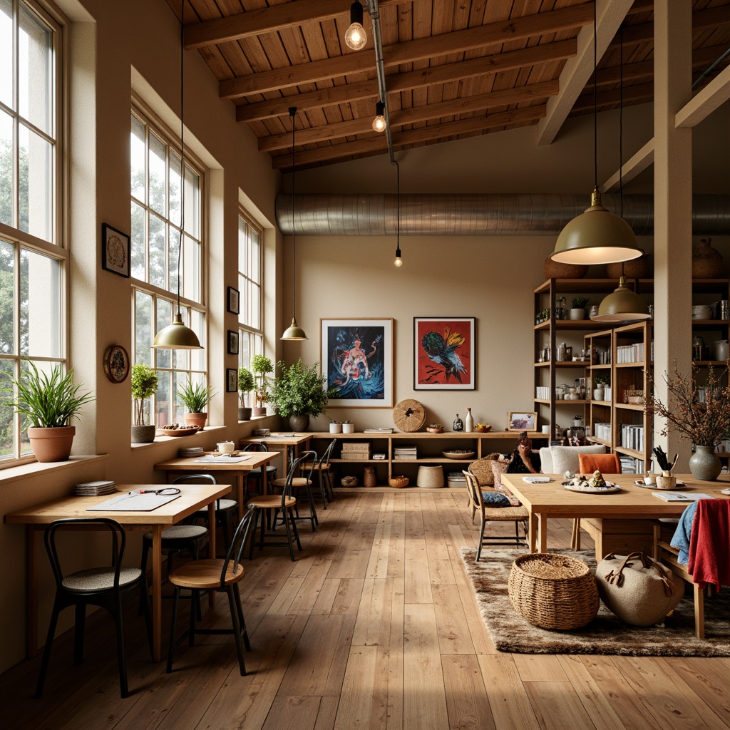 Prompt: Cozy craft room, warm wooden tables, rustic metal chairs, abundant natural light, soft warm glow, pendant lamps, task lighting, flexible desk lamps, vibrant colorful textiles, woven baskets, earthy ceramics, organized storage shelves, inspirational artwork, minimal decor, comfortable seating areas, warm beige walls, polished wood floors, inviting atmosphere, shallow depth of field, 1/2 composition, realistic textures.