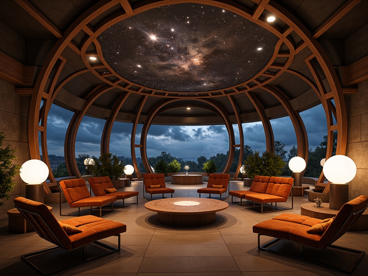 Prompt: Cosmic planetarium interior, mid-century modern style furniture, curved lines, organic shapes, retro-futuristic vibe, starry night sky, constellation patterns, velvet upholstery, polished chrome legs, wooden accents, geometric patterns, ambient soft lighting, cozy seating areas, circular coffee tables, spherical pendant lights, minimalist decor, earthy color palette, comfortable lounging chairs, sophisticated atmosphere, 1/1 composition, warm soft focus, realistic textures.