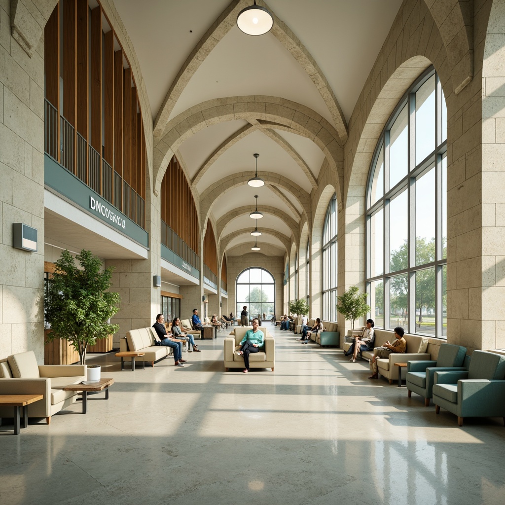 Prompt: \Soothing train station interior, celadon color palette, soft beige tones, creamy whites, pale blues, muted greens, warm wood accents, elegant metallic finishes, subtle texture contrasts, comfortable seating areas, modern LED lighting, sleek signage systems, spacious waiting halls, grand archways, natural stone flooring, calming ambiance, shallow depth of field, 1/1 composition, realistic reflections, ambient occlusion.\