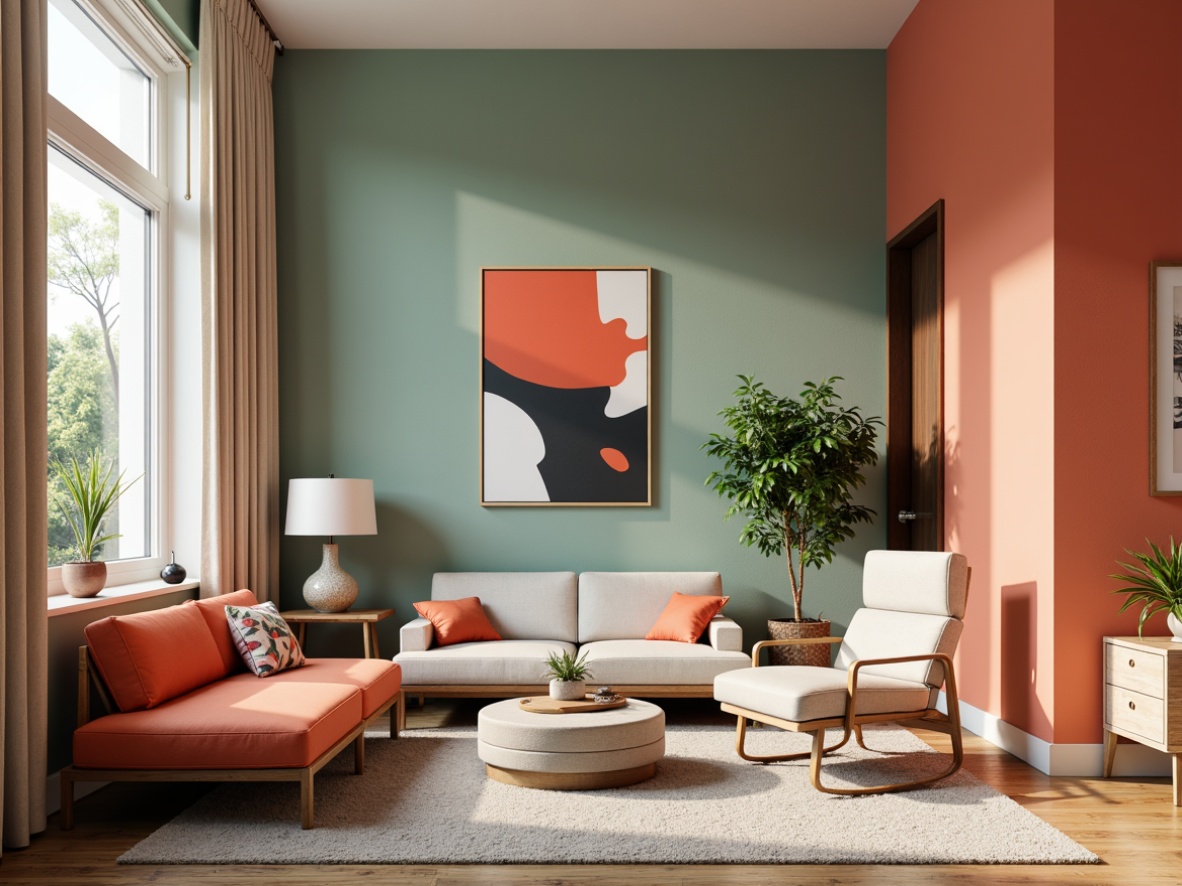 Prompt: Vibrant modern interior, sleek furniture, bold accent walls, pastel hues, soft neutrals, rich wood tones, metallic accents, natural textiles, abstract artwork, geometric patterns, warm ambient lighting, shallow depth of field, 3/4 composition, realistic renderings, ambient occlusion.