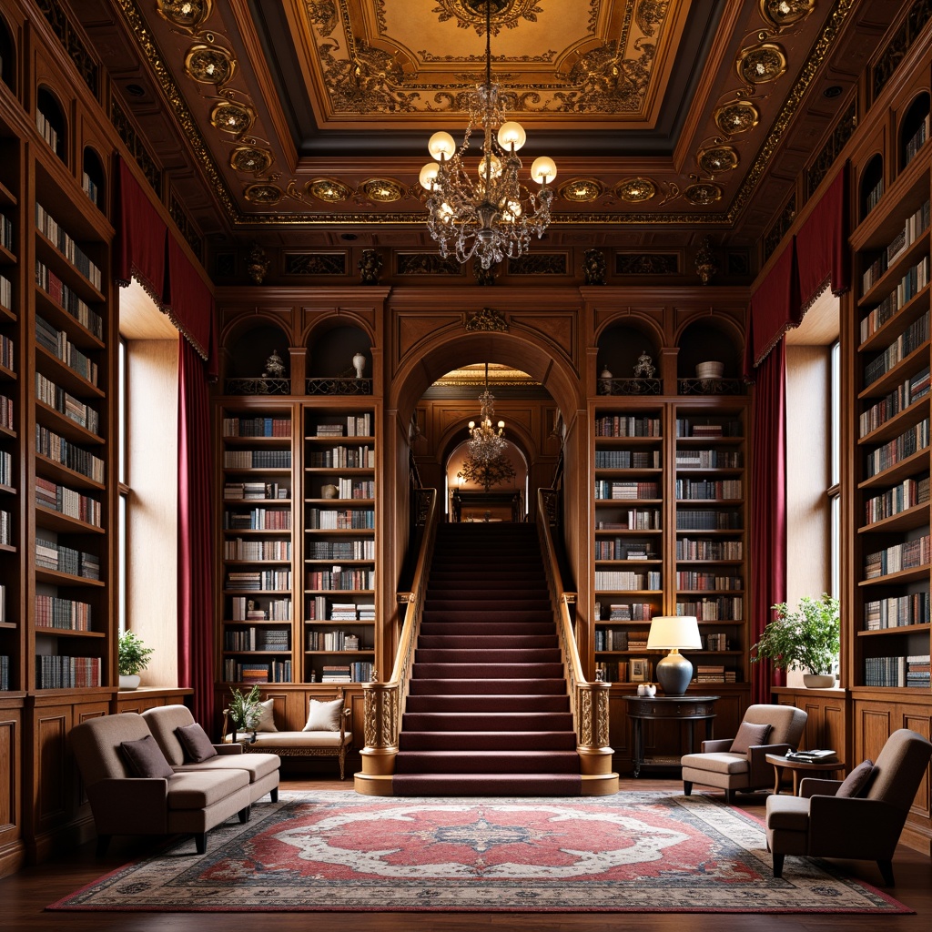 Prompt: Elegant bookshelves, rich wood tones, ornate carvings, classic literature titles, leather-bound books, vintage typewriters, comfortable reading nooks, warm golden lighting, soft velvet drapes, intricate moldings, high ceilings, grand staircase, luxurious rugs, sophisticated decor, neutral color palette, symmetrical composition, 1/2 camera angle, shallow depth of field, realistic textures, ambient occlusion.