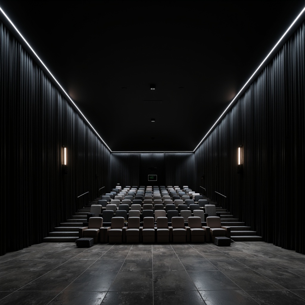 Prompt: Darkened cinema interior, minimalist decor, sleek black walls, polished concrete floors, subtle ambient lighting, LED strip lights, floor-to-ceiling curtains, dramatic spotlighting, low-key color palette, luxurious leather seats, metallic accents, geometric shapes, simplistic furniture, atmospheric shadows, high-contrast lighting, cinematic ambiance, 1/1 composition, soft focus, shallow depth of field, realistic textures.