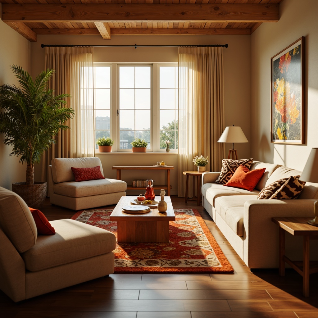 Prompt: Cozy family room, warm beige walls, comfortable sofas, large windows, natural light, soft carpet flooring, plush area rugs, wooden coffee tables, vibrant colorful accents, relaxing atmosphere, quiet evening, warm soft lighting, shallow depth of field, 1/1 composition, realistic textures.