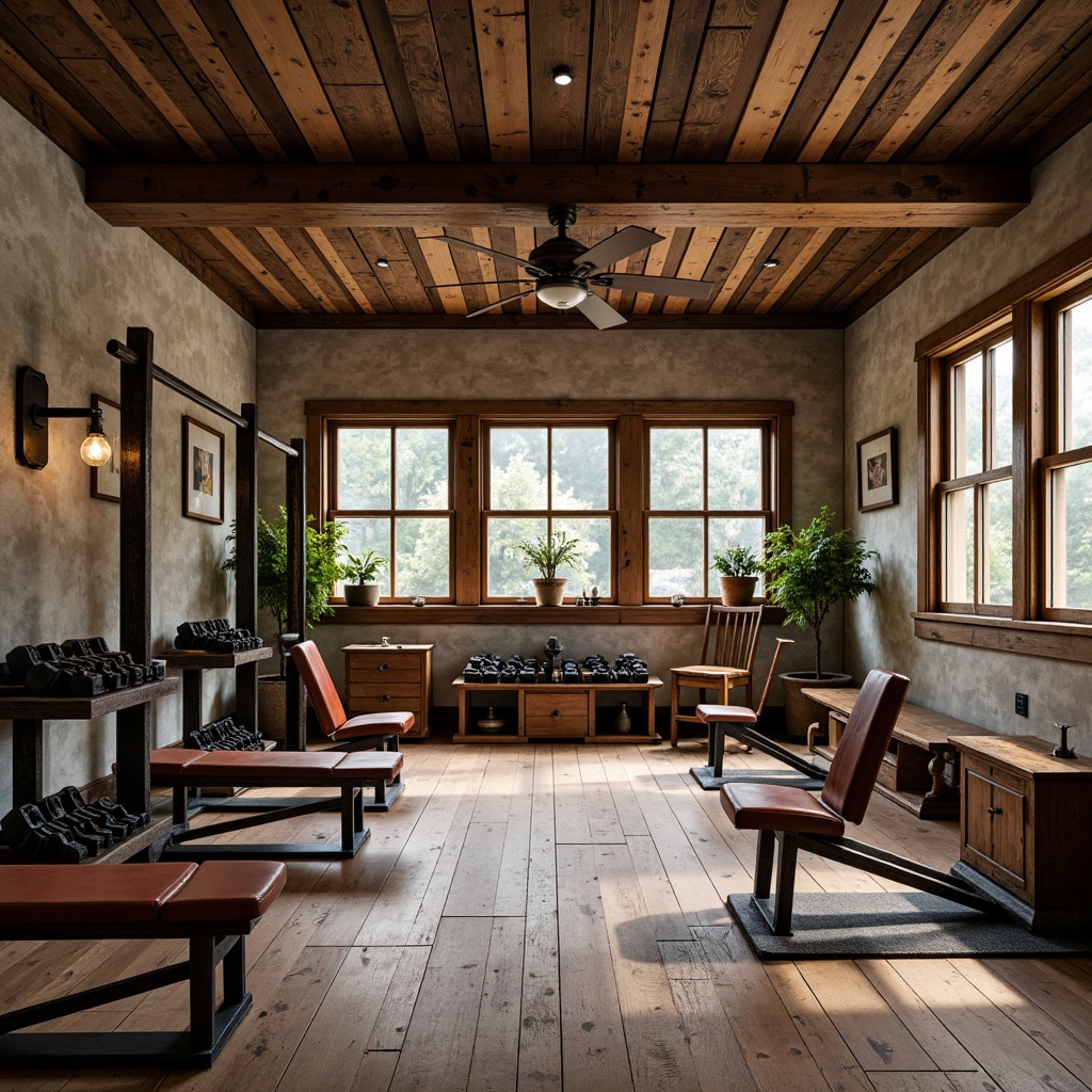 Prompt: Rustic home gym, wooden flooring, vintage dumbbells, leather-bound weight benches, ornate metal equipment frames, distressed wood accents, earthy color palette, natural stone walls, large windows, soft warm lighting, 3/4 composition, realistic textures, ambient occlusion.