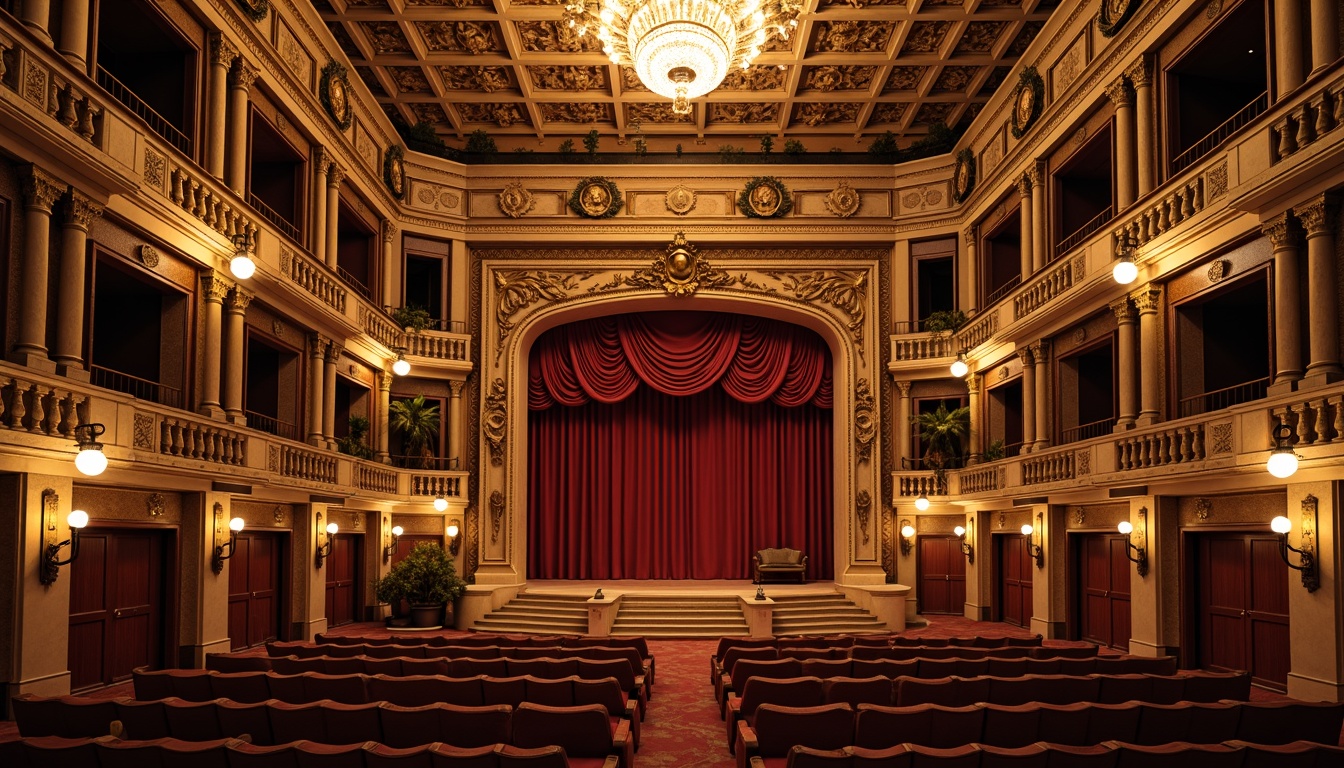 Prompt: Grand theater entrance, ornate moldings, intricate carvings, neoclassical columns, lavish chandeliers, red velvet curtains, golden accents, majestic archways, sculpted busts, fresco ceiling, dramatic staircases, opulent balconies, rich wood tones, soft warm lighting, 1/1 composition, shallow depth of field, realistic textures, ambient occlusion.