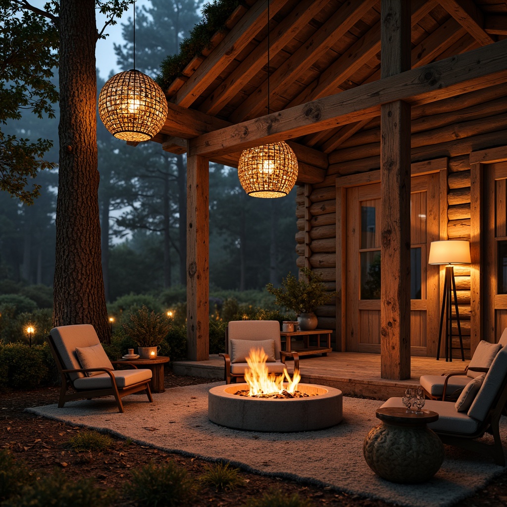 Prompt: Rustic wooden cabin, warm candlelight, soft lantern glow, cozy fire pit, vintage metal chandeliers, earthy tone pendant lights, woven wicker lamp shades, natural linen textiles, distressed wood accents, reclaimed barn doors, stone walls, moss-covered roofs, forest surroundings, misty morning atmosphere, warm golden lighting, high contrast ratio, shallow depth of field, 1/1 composition, dramatic shadows.