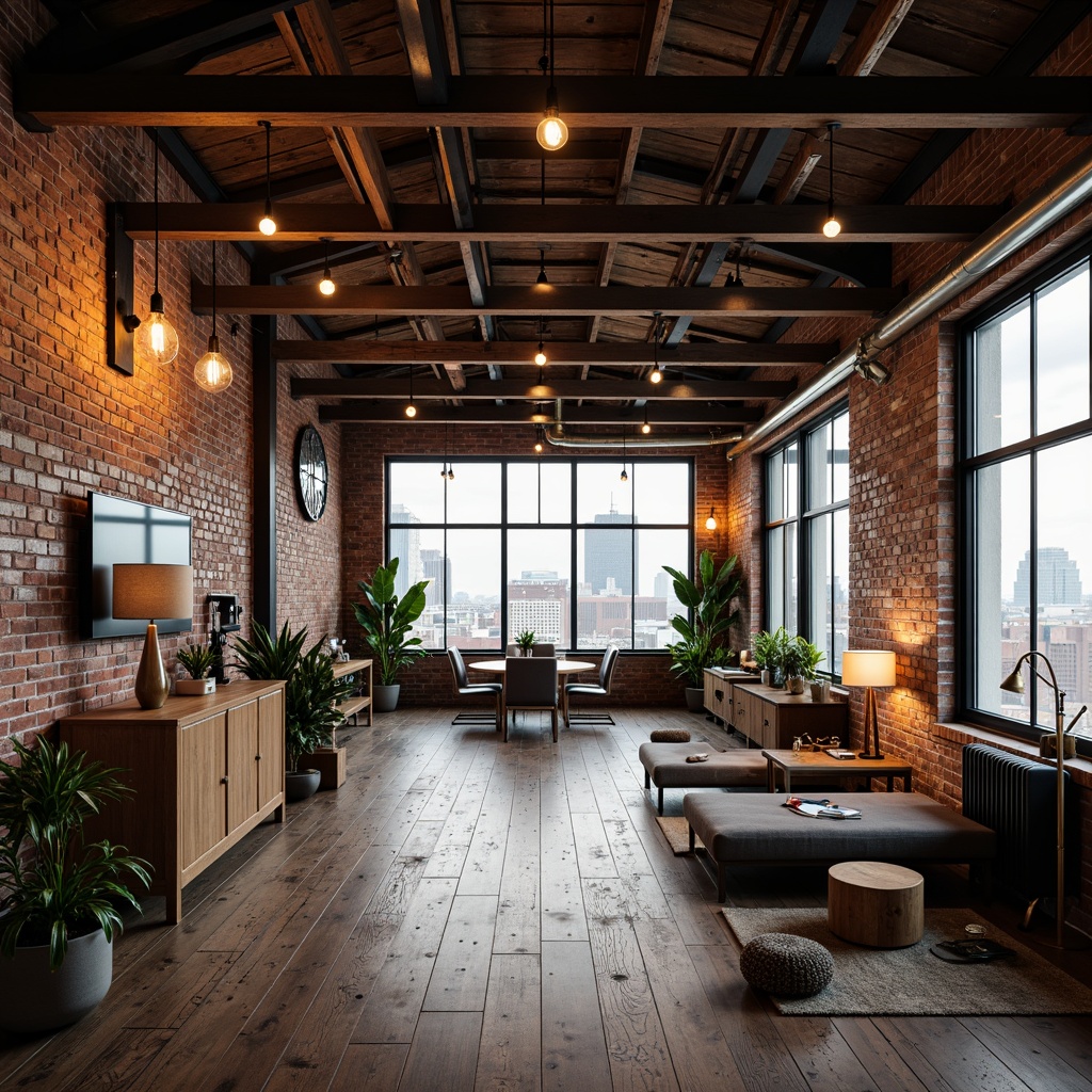 Prompt: Industrial chic loft, exposed brick walls, high ceilings, metal beams, reclaimed wood floors, modern minimalist decor, Edison bulb pendant lights, urban industrial ambiance, natural daylight, large windows, cityscape views, warm cozy atmosphere, table lamps with metal shades, floor lamps with adjustable arms, dimmable LED lighting, task-oriented lighting, ambient soft glow, 1/1 composition, shallow depth of field, realistic textures, softbox lighting.