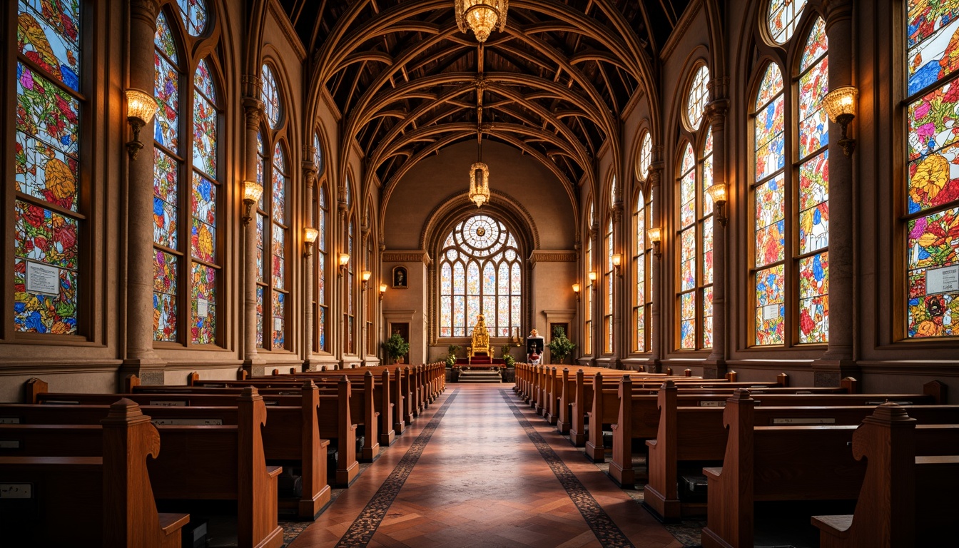 Prompt: Vibrant stained glass windows, kaleidoscope colors, intricate Gothic arches, ornate stone carvings, majestic auditorium ceiling, grandiose chandeliers, polished wooden pews, elegant aisle runners, dramatic spotlights, warm golden lighting, shallow depth of field, 1/2 composition, symmetrical framing, realistic textures, ambient occlusion.