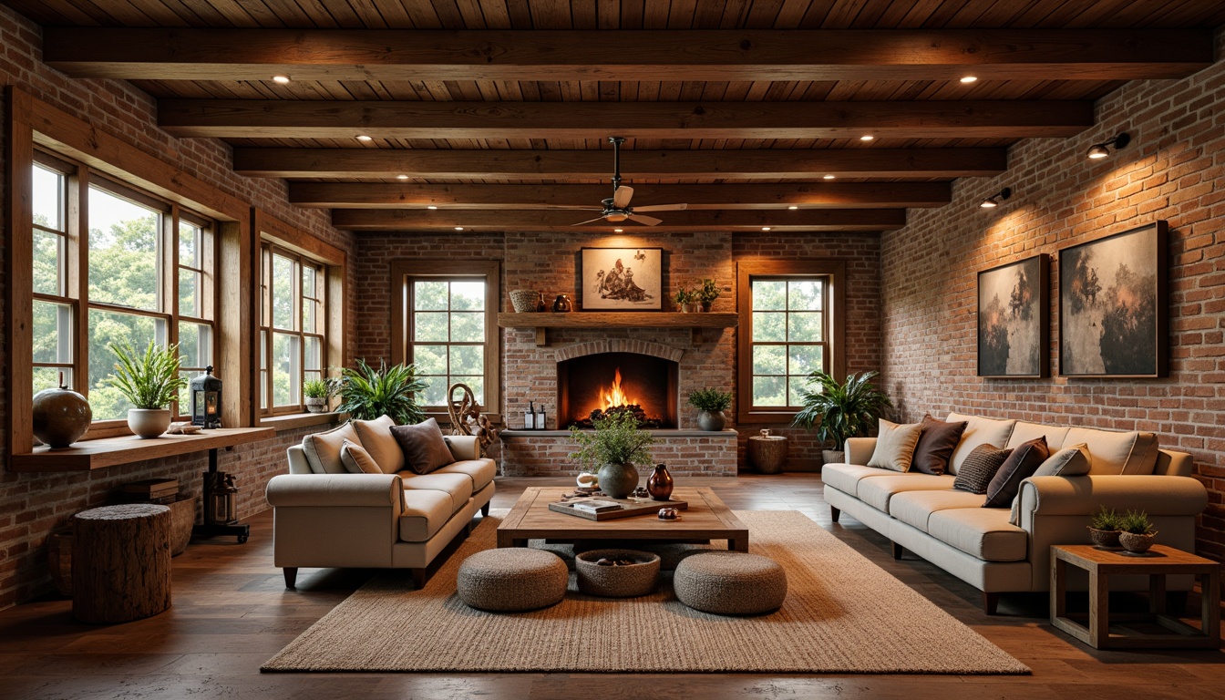 Prompt: Warm Craftsman-style interior, wooden ceiling beams, exposed brick walls, earthy tone color palette, rustic metal fixtures, vintage industrial lighting, pendant lamps, copper accents, distressed wood furniture, natural stone flooring, woven textiles, soft warm glow, ambient lighting, 1/2 composition, shallow depth of field, realistic textures.