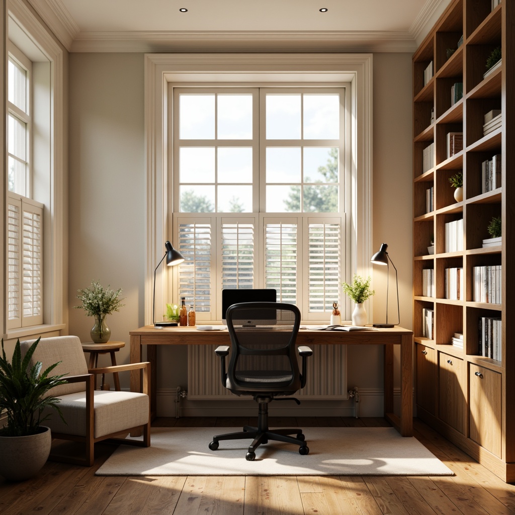 Prompt: Cozy study nook, wooden desk, comfortable ergonomic chair, warm task lighting, floor lamps, softbox lights, natural daylight, large windows, plantation shutters, cream-colored walls, oak wood flooring, minimalist decor, modern academic furniture, subtle textures, shallow depth of field, 1/1 composition, realistic renderings, ambient occlusion.