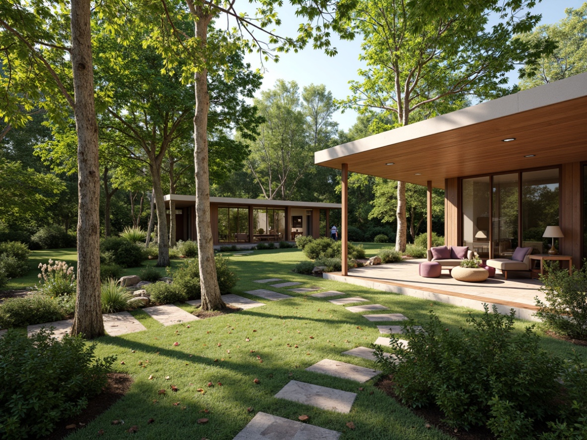 Prompt: Vibrant outdoor spaces, lush greenery, mature trees, natural stone pathways, mid-century modern architecture, large windows, sliding glass doors, open floor plans, minimalist decor, functional furniture, organic shapes, earthy color palette, warm ambient lighting, shallow depth of field, 3/4 composition, panoramic view, realistic textures, ambient occlusion.