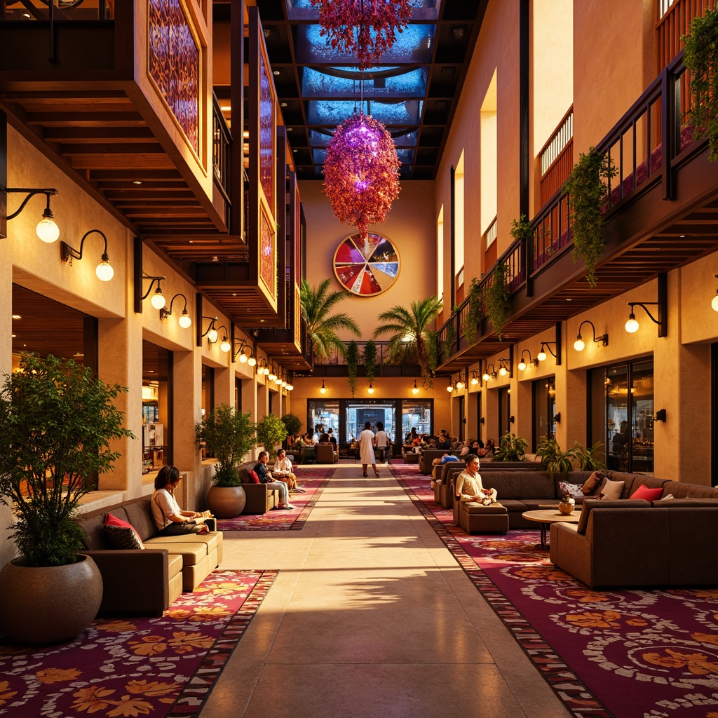 Prompt: Vibrant southwestern casino interior, warm golden lighting, rich wood accents, ornate metalwork, colorful Native American patterns, luxurious velvety textures, soft glowing lanterns, dramatic spotlights, ambient floor lamps, dynamic color-changing LED lights, high-contrast shadows, rustic stone walls, lavish chandeliers, intricate tile mosaics, warm beige stucco, desert-inspired botanicals, sunny afternoon ambiance, cinematic camera angles, shallow depth of field, 1/2 composition, realistic reflections.