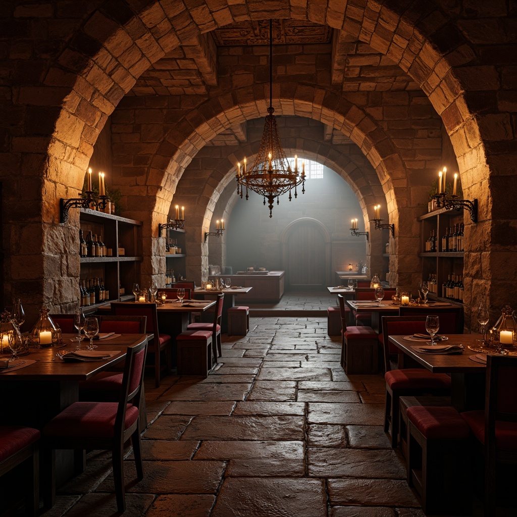 Prompt: Dimly lit wine cellar, vaulted ceilings, Gothic arches, stone walls, wooden barrels, rustic wooden tables, medieval-inspired furnishings, rich burgundy colors, ornate metalwork, intricate carvings, dramatic chandeliers, warm candlelight, musty aromas, ancient artifacts, mysterious ambiance, atmospheric fog, soft focus, shallow depth of field, 1/2 composition, symmetrical framing.