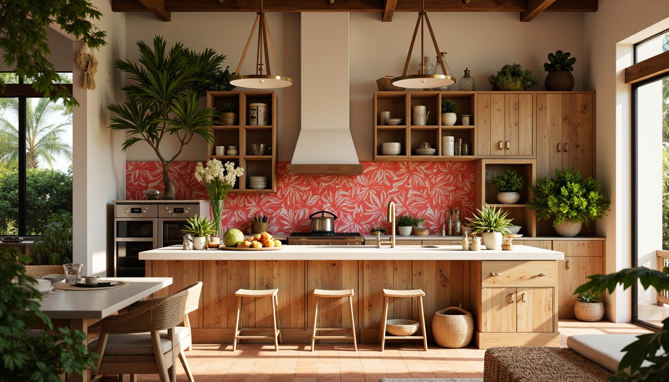 Prompt: Vibrant tropical kitchen, bright coral backsplash tiles, exotic floral patterns, natural stone countertops, reclaimed wood cabinets, modern appliances, pendant lighting fixtures, lush greenery, botanical prints, woven rattan furniture, warm beige walls, earthy terracotta floors, sunny morning light, shallow depth of field, 1/1 composition, realistic textures, ambient occlusion.