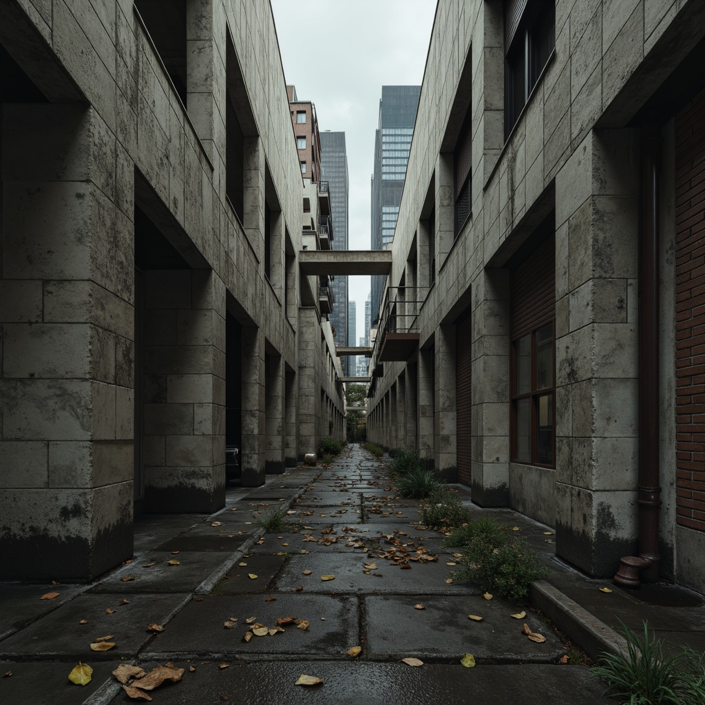 Prompt: Raw concrete textures, brutalist architecture, industrial aesthetic, monochromatic color scheme, muted earth tones, weathered steel beams, exposed ductwork, urban cityscape, gloomy overcast skies, dramatic shadow play, high-contrast lighting, moody atmospheric effects, realistic material renderings, cinematic composition, 2.35