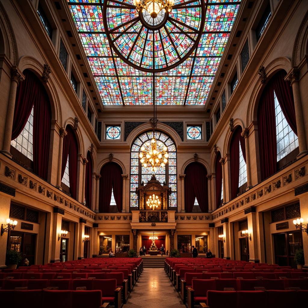 Prompt: Vibrant stained glass ceiling, intricate patterns, kaleidoscope colors, Gothic arches, grand auditorium, ornate details, luxurious fabrics, velvet drapes, polished wooden floors, majestic chandeliers, dramatic lighting, soft warm glow, shallow depth of field, 1/1 composition, symmetrical view, realistic textures, ambient occlusion.