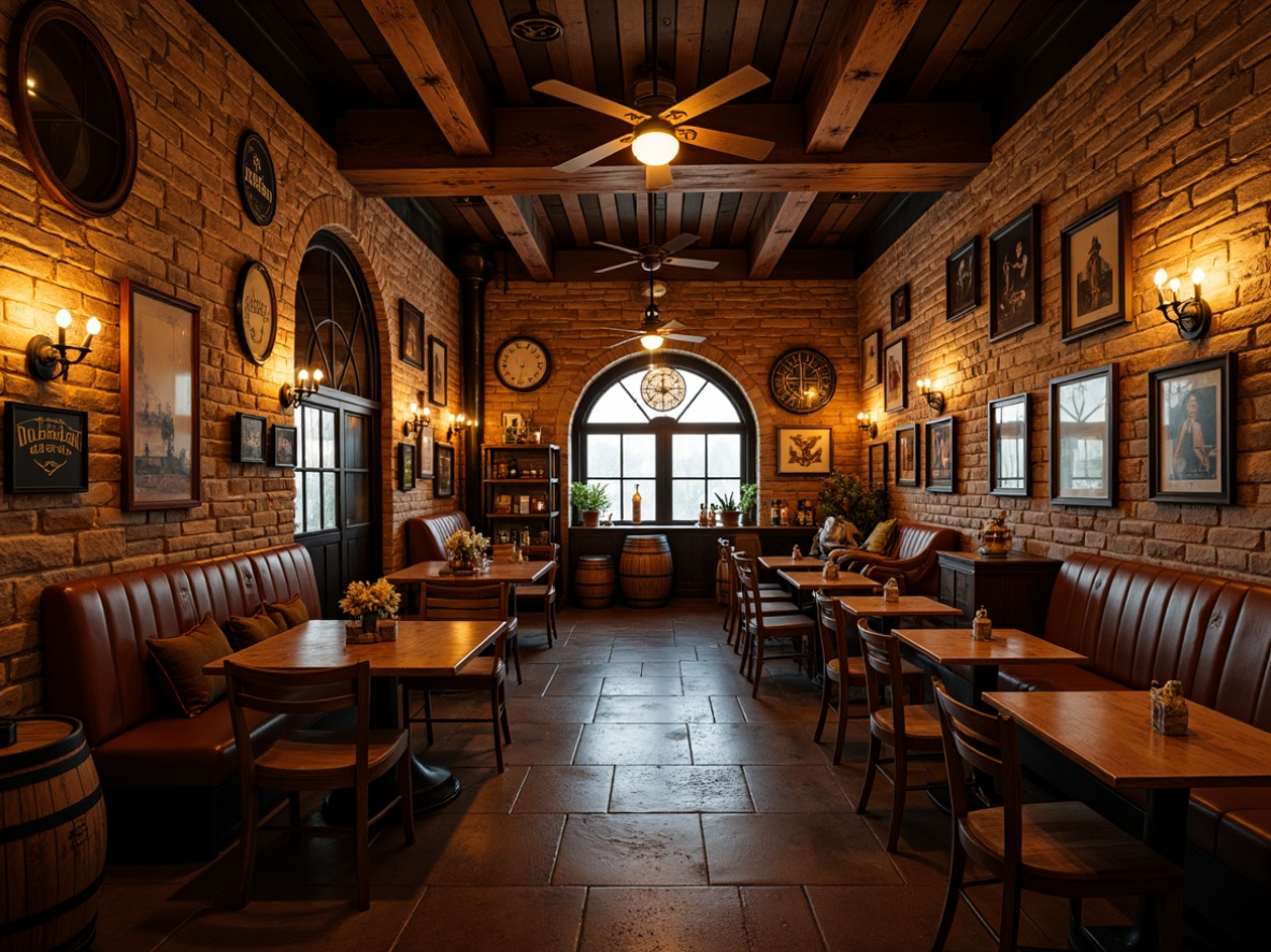 Prompt: Rustic pub interior, warm earthy tones, wooden accents, vintage signs, distressed textures, natural stone walls, brick arches, dim warm lighting, candles, lanterns, rich leather upholstery, metal decorative fixtures, antique furniture pieces, wooden barrels, classic beer taps, cozy atmosphere, intimate seating areas, 1/2 composition, soft focus, warm color grading, realistic wood grain textures.