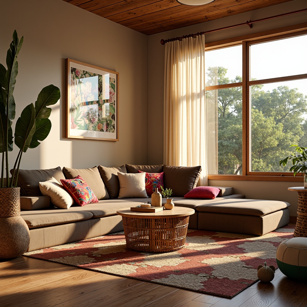 Prompt: Cozy living room, plush area rug, soft velvet sofa, woven basket coffee table, warm beige walls, natural wood accents, floor-to-ceiling windows, sheer curtains, gentle morning light, warm golden lighting, 1/1 composition, shallow depth of field, realistic textures, ambient occlusion, vibrant colorful throw pillows, intricate geometric patterns, Moroccan-inspired tiles, comfortable seating arrangement, inviting atmosphere.