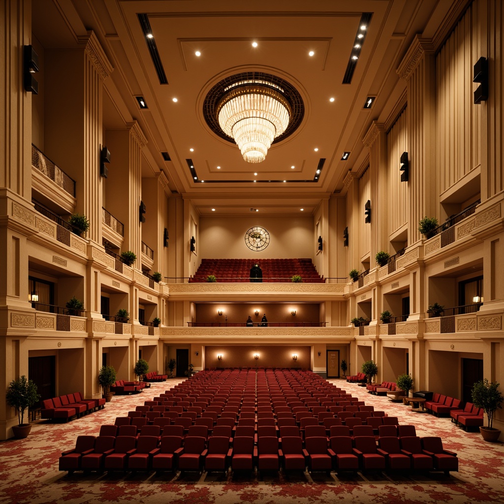 Prompt: Elegant performance hall, warm beige walls, rich wood accents, plush velvet seats, curved row arrangements, intimate stage proximity, soft golden lighting, dramatic spotlights, ornate chandeliers, refined architectural details, subtle patterned carpets, sophisticated sound systems, acoustic paneling, adjustable seating configurations, flexible audience layouts, multi-purpose event spaces, grand foyers, sweeping staircases, luxurious VIP areas, 3/4 composition, shallow depth of field, warm color palette, inviting ambiance.