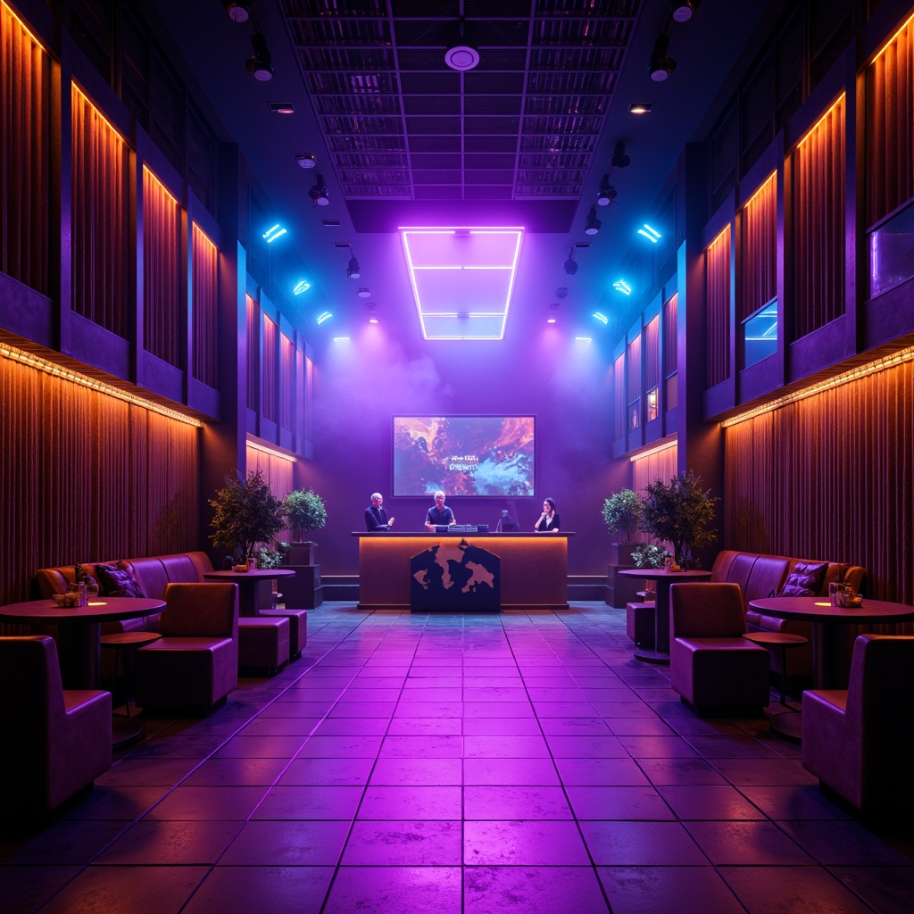 Prompt: Dark, luxurious nightclub interior, neon-lit dance floor, strobe lights, fog machines, DJ booths, velvet curtains, metallic accents, glossy surfaces, rich wood tones, bold color blocking, vibrant purple hues, deep blue shades, electric blue highlights, warm golden lighting, moody ambiance, dynamic shadows, high-contrast colors, 1/2 composition, low-angle shot, cinematic atmosphere, realistic reflections, subtle grain texture.