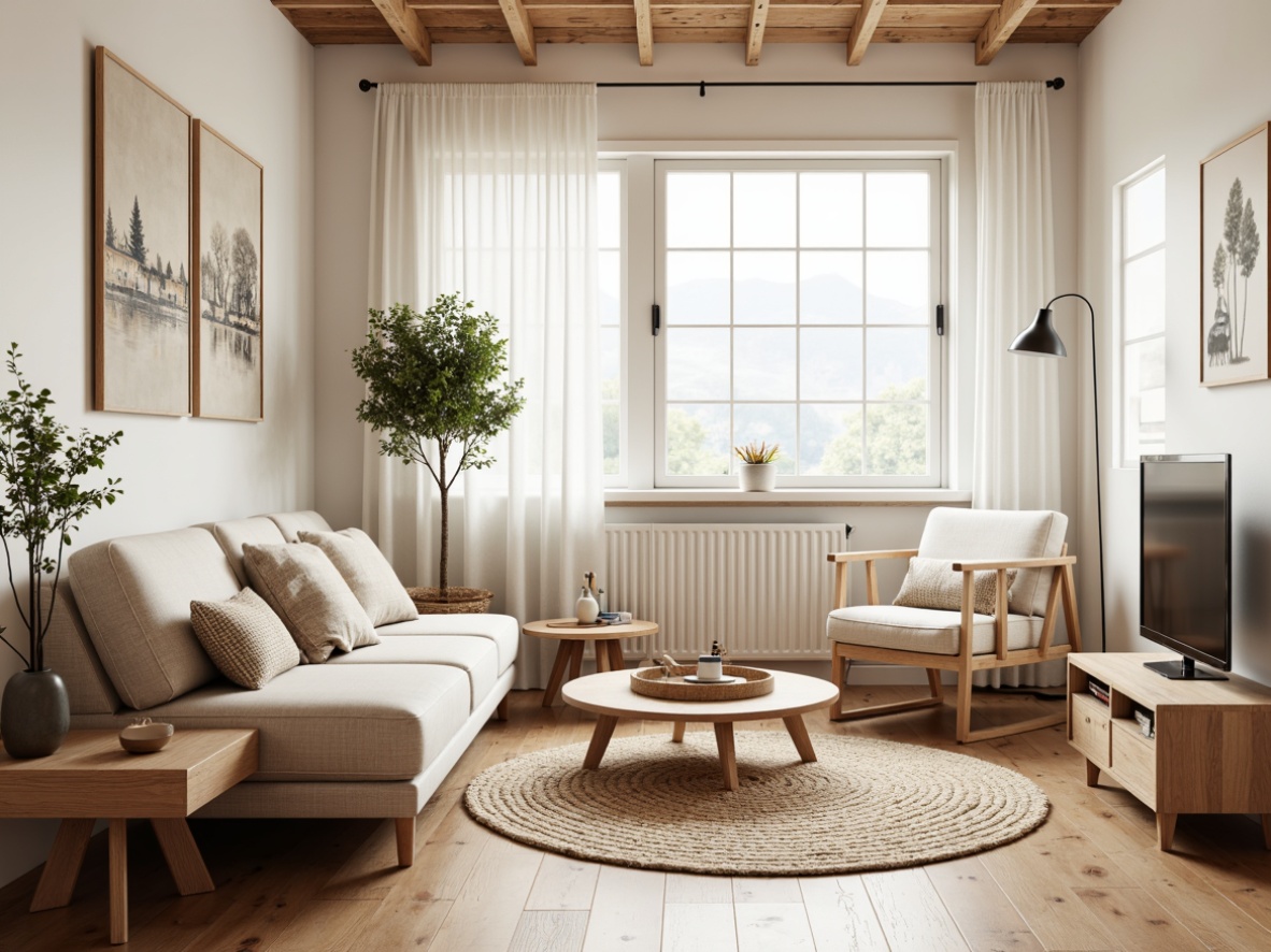 Prompt: Cozy living room, wooden furniture, minimalist decor, functional design, Scandinavian style, natural materials, light-colored woods, soft pastel hues, comfortable seating, geometric patterns, woven textiles, Nordic-inspired accents, warm ambient lighting, shallow depth of field, 1/1 composition, realistic textures, ambient occlusion.