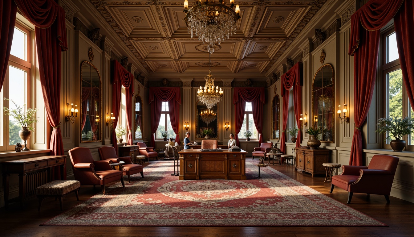 Prompt: \Grandiose Victorian office interior, ornate wooden desks, luxurious leather armchairs, rich velvet drapes, intricate plaster ceilings, crystal chandeliers, bronze sconces, elegant floor lamps, vintage metal fixtures, warm golden lighting, soft warm glow, cozy atmosphere, 3/4 composition, realistic textures, ambient occlusion.\