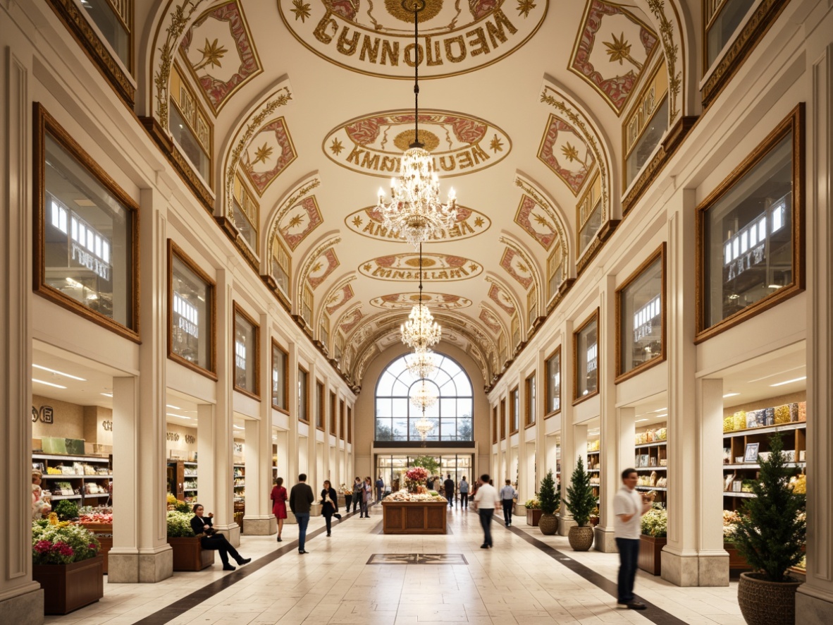 Prompt: Ornate ceiling decorations, lavish gold accents, intricate moldings, crystal chandeliers, soft warm lighting, creamy white paint, ornamental frescoes, curved archways, grandiose Rococo style, opulent details, luxurious atmosphere, high-end grocery shopping experience, marble floors, elegant columns, refined architectural elements, subtle color palette, 1/2 composition, shallow depth of field, realistic textures, ambient occlusion.