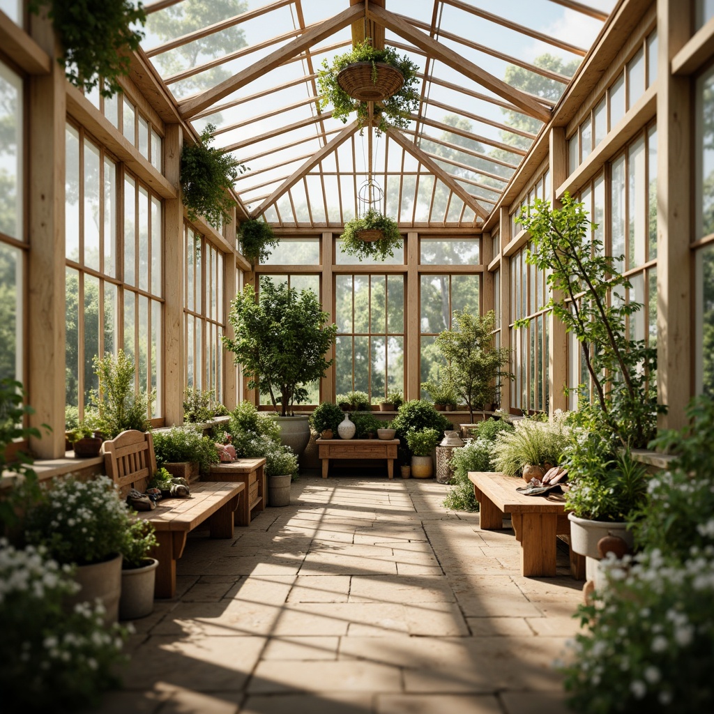 Prompt: Whimsical greenhouse, distressed wood accents, vintage metal frames, lush green foliage, pastel color scheme, soft peach tones, muted sage greens, creamy whites, warm beige textures, natural stone pathways, rustic wooden benches, antique gardening tools, delicate florals, lace curtains, distressed finishes, romantic ambiance, warm golden lighting, shallow depth of field, 1/1 composition, realistic renderings.