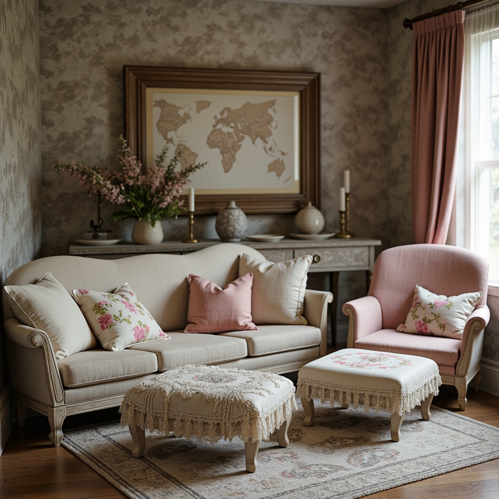 Prompt: Distressed wooden furniture, soft pastel hues, vintage floral patterns, delicate lace trimmings, ornate metal fixtures, rustic candle holders, distressed stone walls, faded velvet fabrics, antique furnishings, whimsical decorative accents, feminine touches, natural textiles, earthy tones, warm cozy lighting, shallow depth of field, 1/1 composition, soft focus, romantic ambiance.