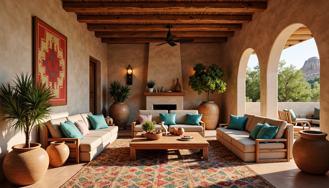 Prompt: Southwestern-themed living room, earthy tones, terracotta pots, vibrant turquoise accents, woven textiles, geometric patterns, rustic wooden furniture, plush sofas, colorful kilim pillows, natural fiber rugs, stone walls, adobe-style architecture, warm desert sunlight, soft shadows, 1/1 composition, intimate atmosphere, realistic textures, ambient lighting.