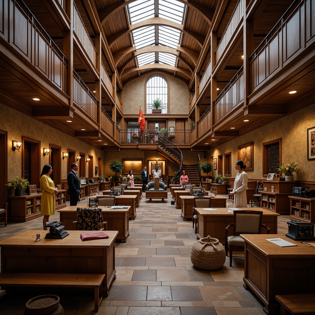 Prompt: Warm courthouse interior, rich wood accents, natural stone walls, clerestory windows, high ceilings, grand staircases, ornate metalwork, earthy color palette, soft warm lighting, ambient shadows, realistic textures, atmospheric rendering, 1/1 composition, shallow depth of field, subtle camera movements, rustic wooden benches, vintage lawyer's desks, leather-bound books, classic typewriters, natural fabric upholstery, woven baskets, earth-toned ceramics.