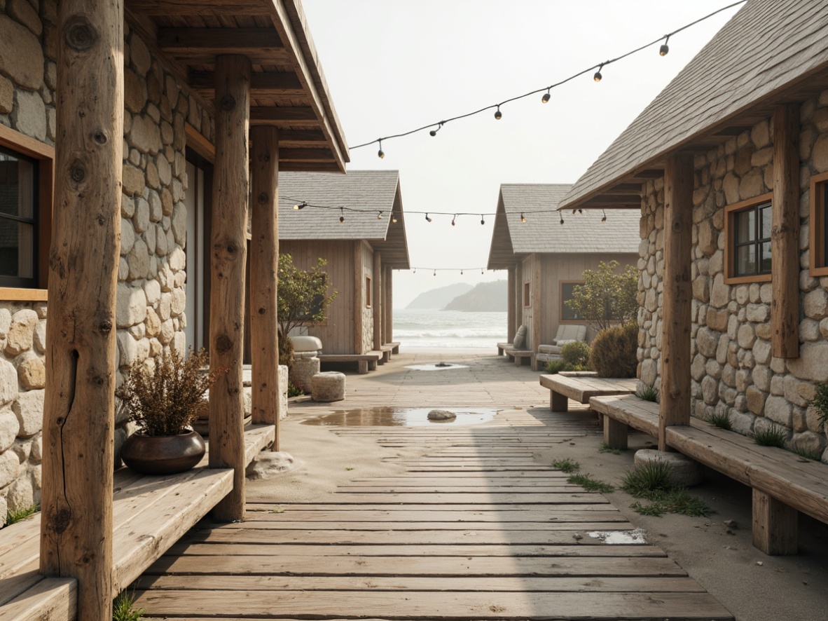 Prompt: Weathered wooden docks, driftwood accents, rustic beach huts, sandy dunes, ocean waves, sea salt spray, misty morning light, warm beige colors, natural stone walls, distressed wood textures, coral-inspired patterns, nautical rope details, seashell decorations, ocean breeze, soft focus, shallow depth of field, 1/2 composition, atmospheric perspective, realistic reflections.