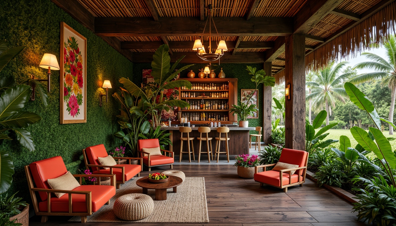 Prompt: Vibrant tropical bar, lush greenery walls, exotic flower arrangements, rattan furniture, wooden accents, natural textiles, colorful tiki torches, woven bamboo ceiling, vintage nautical elements, distressed wood decor, eclectic decorative artifacts, ambient warm lighting, shallow depth of field, 3/4 composition, panoramic view, realistic textures, tropical island vibe.