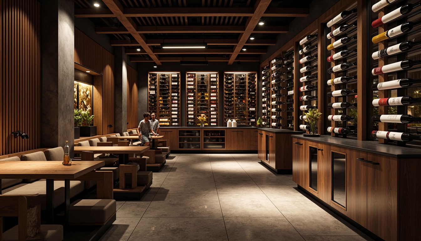 Prompt: Luxurious wine cellar, steel accents, modern industrial chic, dimly lit ambiance, rich wood tones, stone flooring, temperature-controlled environment, sleek metal shelving, glass-enclosed wine storage, intimate seating area, soft warm lighting, dramatic spotlights, 1/1 composition, shallow depth of field, realistic textures, ambient occlusion.