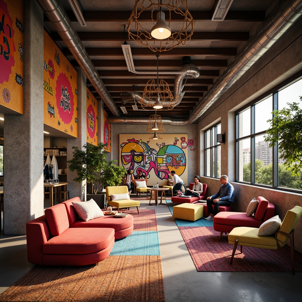 Prompt: Vibrant community center, textured walls, bold graffiti murals, eclectic mix of furniture, colorful rugs, natural wood accents, industrial metal beams, exposed ductwork, modern chandeliers, lively atmosphere, warm ambient lighting, 1/1 composition, shallow depth of field, realistic textures, ambient occlusion.