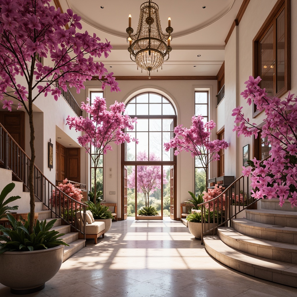 Prompt: Elegant orchid-inspired architecture, luxurious mansion, grand entrance, sweeping staircases, ornate metalwork, lavish chandeliers, rich velvety fabrics, soft blush tones, delicate petal pinks, majestic purples, sophisticated neutrals, creamy whites, warm golden lighting, shallow depth of field, 1/2 composition, intimate framing, subtle texture overlays, realistic reflections.