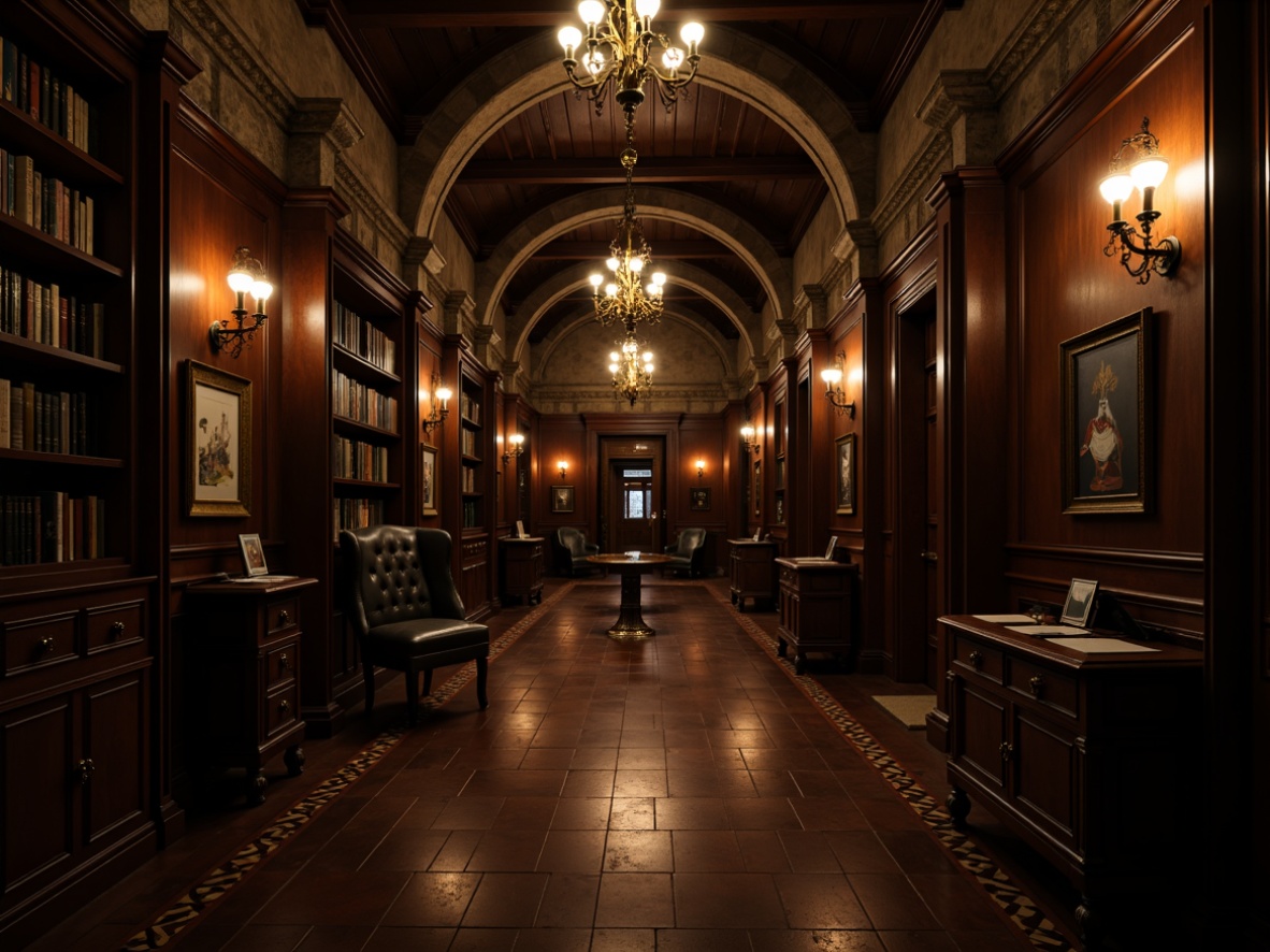 Prompt: Dark academic atmosphere, dimly lit corridors, wooden paneling, stone walls, vaulted ceilings, grand chandeliers, ornate furnishings, mysterious ambiance, dark hardwood flooring, polished to a high gloss, intricate inlays, geometric patterns, rich textures, warm golden lighting, dramatic shadows, 2/3 composition, symmetrical framing, realistic wood grain, ambient occlusion.