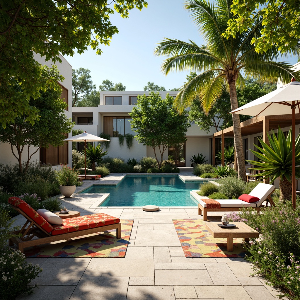 Prompt: Vibrant pool deck, lush greenery, tropical plants, warm sunny day, natural stone flooring, wooden accents, minimalist furniture, bold colorful textiles, intricate Oriental patterns, soft water-inspired hues, subtle sheen fabrics, comfortable outdoor seating, umbrella shades, refreshing misting systems, serene ambiance, 1/2 composition, shallow depth of field, realistic textures.