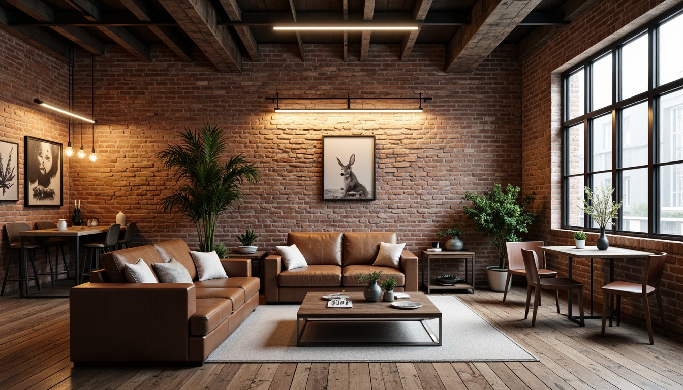 Prompt: Exposed brick walls, metal beams, reclaimed wood floors, industrial-style lighting fixtures, distressed leather sofas, metallic coffee tables, vintage factory chairs, Edison bulb pendants, minimalist decor, urban loft atmosphere, natural textiles, earthy color palette, warm ambient lighting, shallow depth of field, 1/1 composition, realistic materials, subtle reflections.