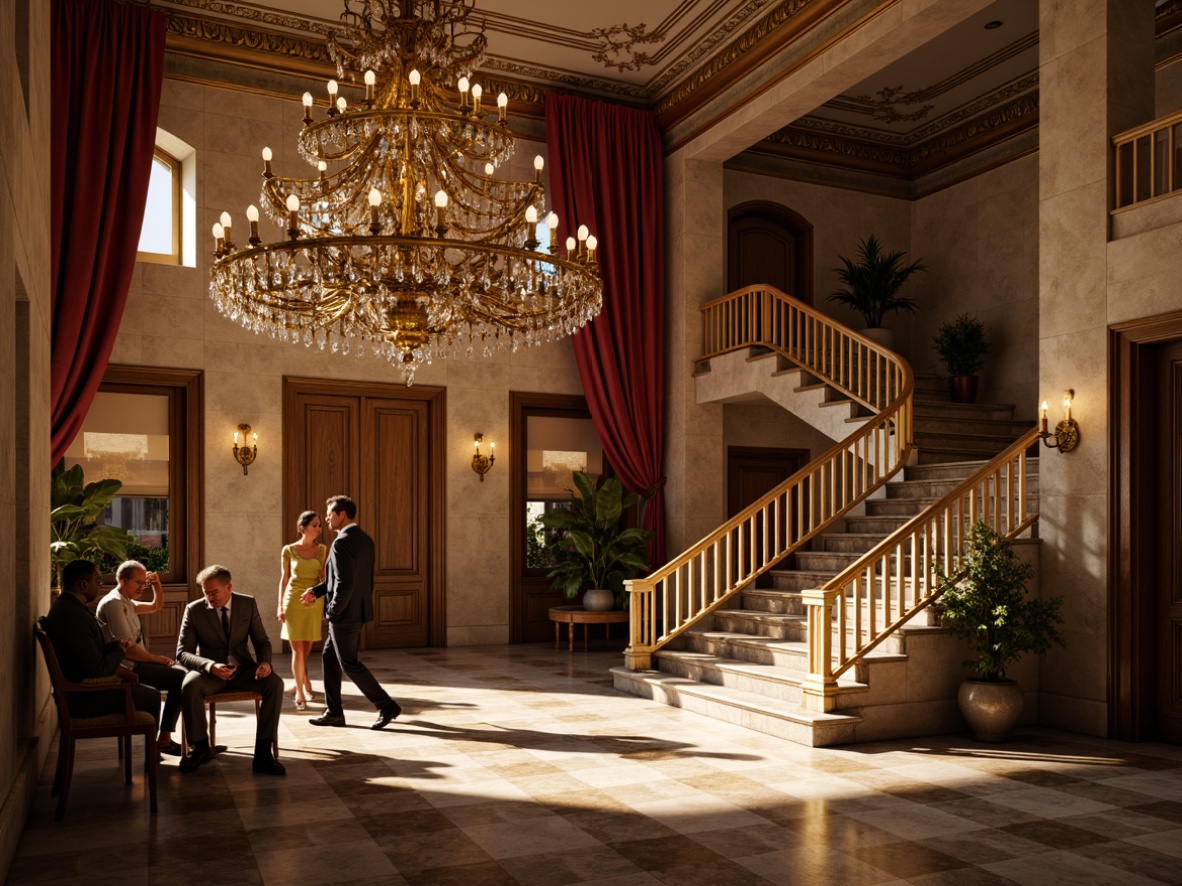 Prompt: Ornate chandeliers, crystal drops, gilded metalwork, luxurious fabrics, velvet drapes, marble floors, grand staircases, neoclassical columns, intricate moldings, warm golden lighting, soft warm glow, subtle shadows, 1/1 composition, high-contrast ratio, dramatic spotlighting, realistic reflections, ambient occlusion.