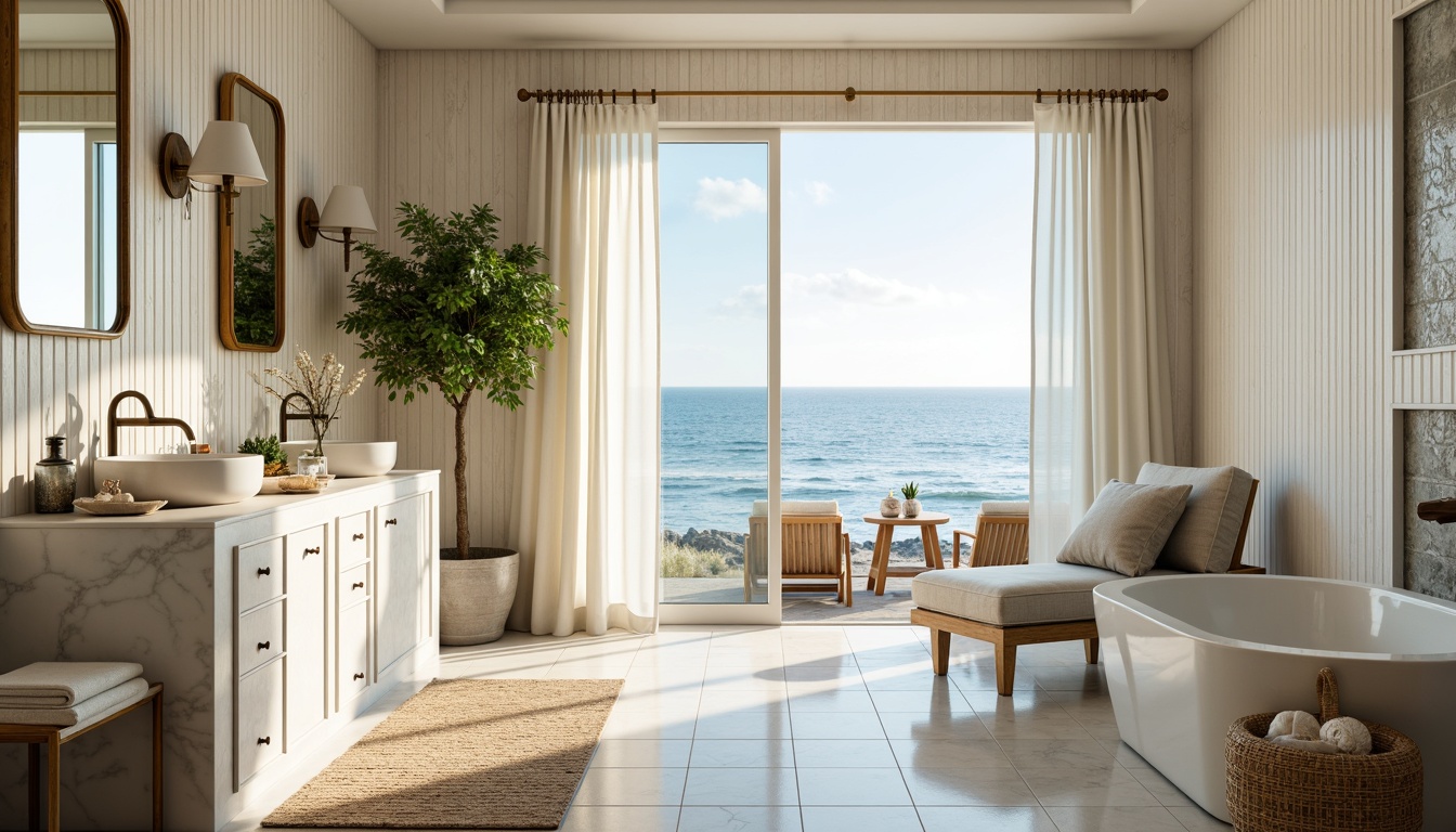 Prompt: Soft ocean breeze, serene coastal views, gentle waves, beachy textures, driftwood accents, shiplap walls, calming color palette, creamy whites, soft blues, seafoam greens, luxurious velvet fabrics, ornate mirrors, gold fixtures, elegant lighting, freestanding vanities, Carrara marble countertops, shell-shaped decor, natural woven fibers, ocean-inspired accessories, delicate seashells, 1/2 composition, warm golden lighting, realistic reflections, ambient occlusion.