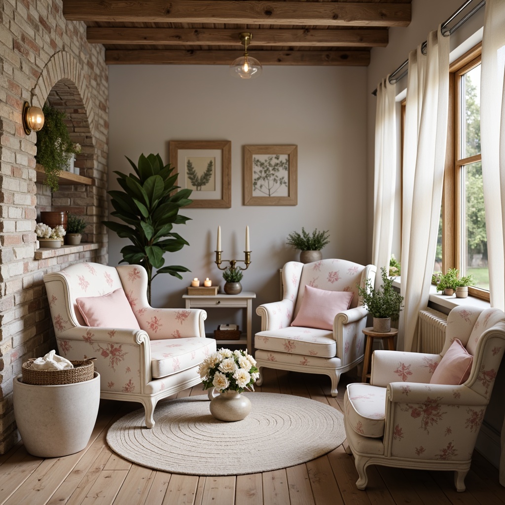 Prompt: Soft, feminine shabby-chic interior, distressed wood furniture, vintage floral patterns, pastel hues, pale pink accents, creamy whites, weathered metal decorations, delicate lace trims, subtle sparkle, natural textiles, rustic wooden floors, distressed stone walls, warm candlelight, soft focus, 1/1 composition, intimate atmosphere, romantic ambiance.