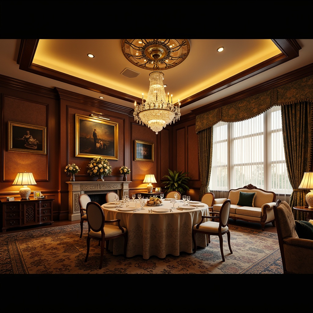 Prompt: \Traditional dining room, warm golden lighting, crystal chandelier, elegant candlesticks, soft table lamps, rich wood tones, ornate furnishings, luxurious fabrics, formal atmosphere, fine art pieces, large windows, natural daylight, sheer curtains, subtle shadows, 3/4 composition, realistic textures, ambient occlusion.\Please let me know if this meets your requirements!