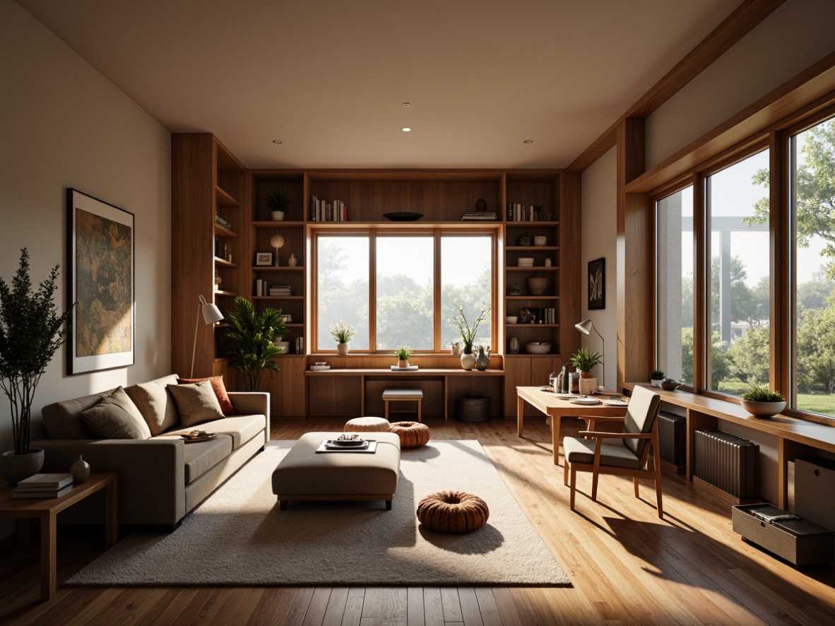 Prompt: Cozy living room, comfortable seating area, soft plush couches, warm wooden floors, large windows, natural light, minimal ornamentation, functional shelving units, ergonomic workspace, adjustable desks, built-in bookcases, floor lamps, soft warm lighting, 1/1 composition, realistic textures, ambient occlusion, intimate atmosphere, calming color palette.