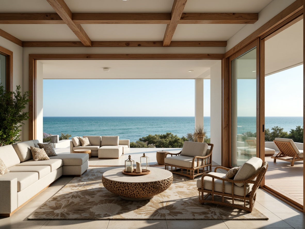 Prompt: Seaside villa, ocean views, driftwood furniture, woven sea grass armchairs, coral-inspired coffee tables, shell-patterned rugs, soft blue-green color palette, natural textiles, wicker accents, glass lanterns, nautical rope details, distressed wood finishes, minimalist decor, abundant natural light, airy atmosphere, floor-to-ceiling windows, sliding glass doors, beachy vibe, casual seating areas, layered lighting, warm beige tones, organic shapes.