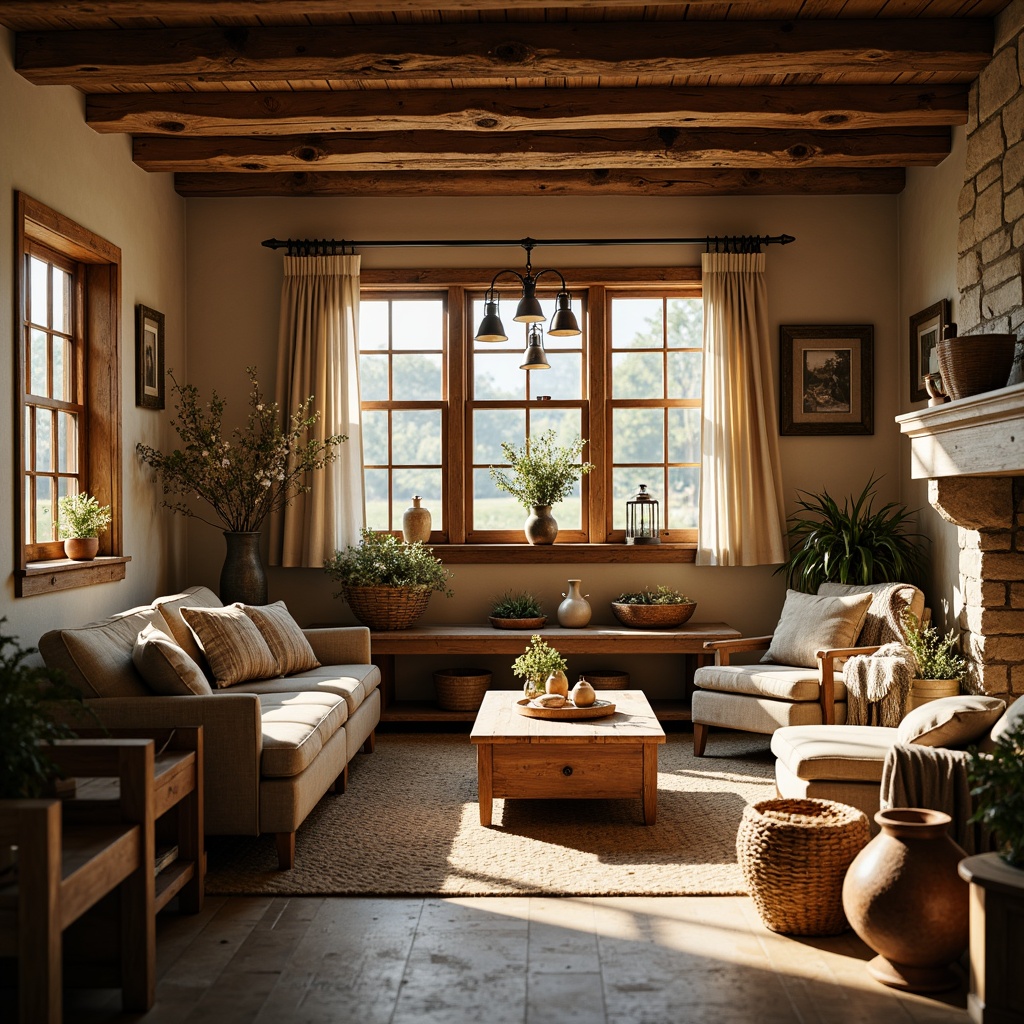 Prompt: Rustic farmhouse interior, warm soft lighting, vintage metal lanterns, distressed wood accents, earthy color palette, natural textures, woven baskets, plush throw blankets, country-style furniture, traditional wooden beams, stone fireplace, cozy reading nooks, morning sunlight, warm golden glow, softbox lighting, 1/2 composition, intimate atmosphere, realistic shadows.